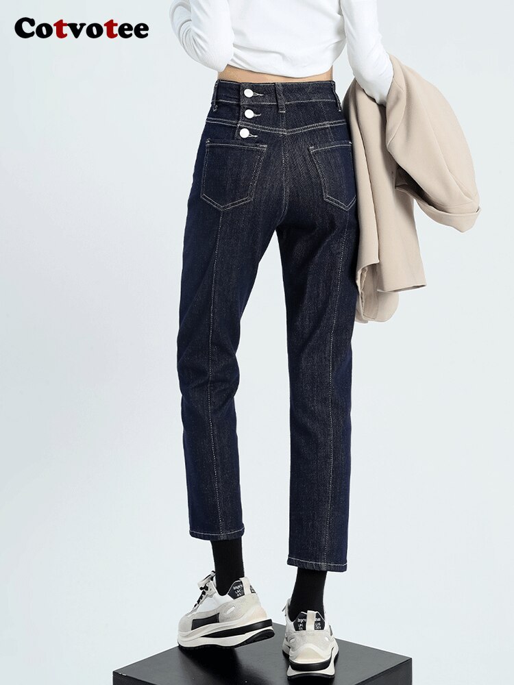 Yitimuceng Jeans Women Ankle Length Pants Straight Spliced 3 Button High Waist  New Winter Jeans Vintage Denim Slim Pants Y2k